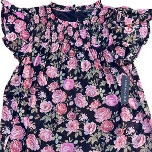 Sara Michelle Womens Black Floral Smocked Flutter Sleeve Top Size M‎